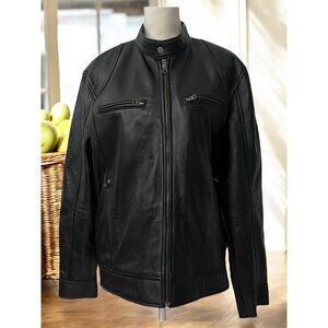 The Leather Factory Women's Black Leather Bomber Moto‎ Jacket Size Large